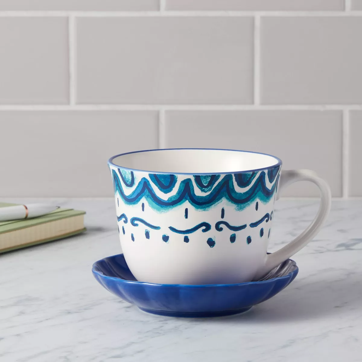 2pc Stoneware Blue Print Cup and Saucer Set - Opalhouse™