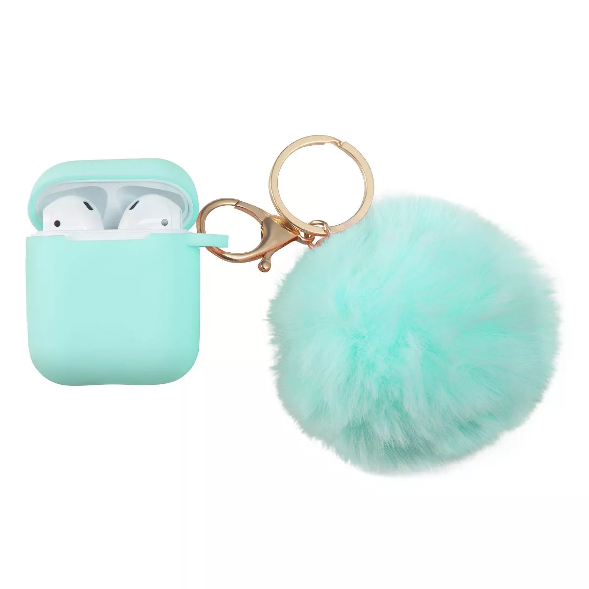 Insten Fluffy Pom Pom Case For Airpods 1 / 2, Silicone Carry Case with Keychain & Anti-Lost Strap, Soft Touch Protective Skin Cover, Green