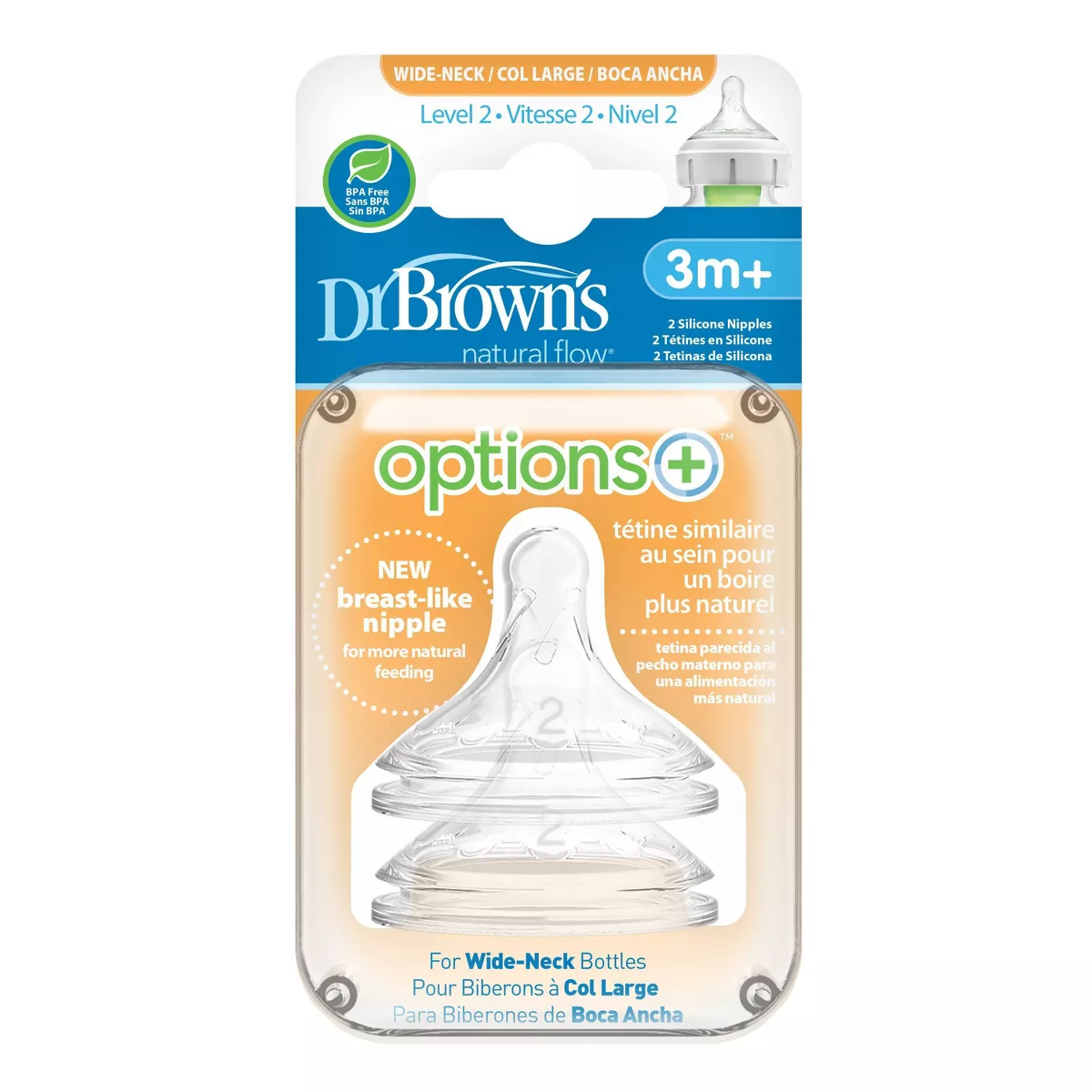 Dr. Brown's Level 2 Options+ Wide-Neck Baby Bottle Nipple, Medium Flow, 2pk