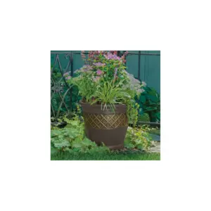 Suncast Atlin 18 Inch Resin Round Decorative Flower Pot Planter, Java (2 Pack)