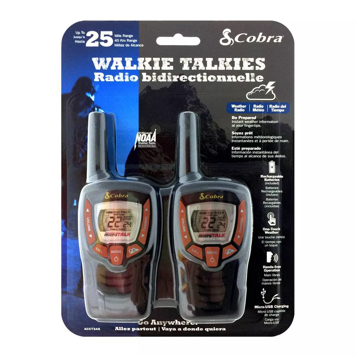 Cobra 25-Mile Walkie Talkies 2 Pk (ACXT345)