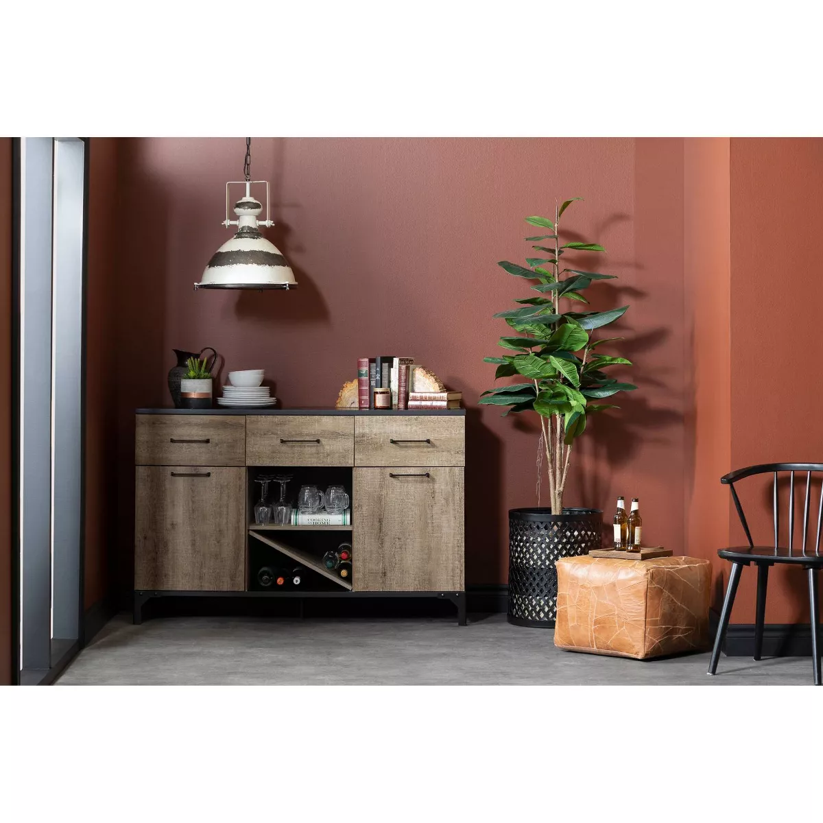 Valet Buffet with Wine Storage Weathered Oak and Black - South Shore