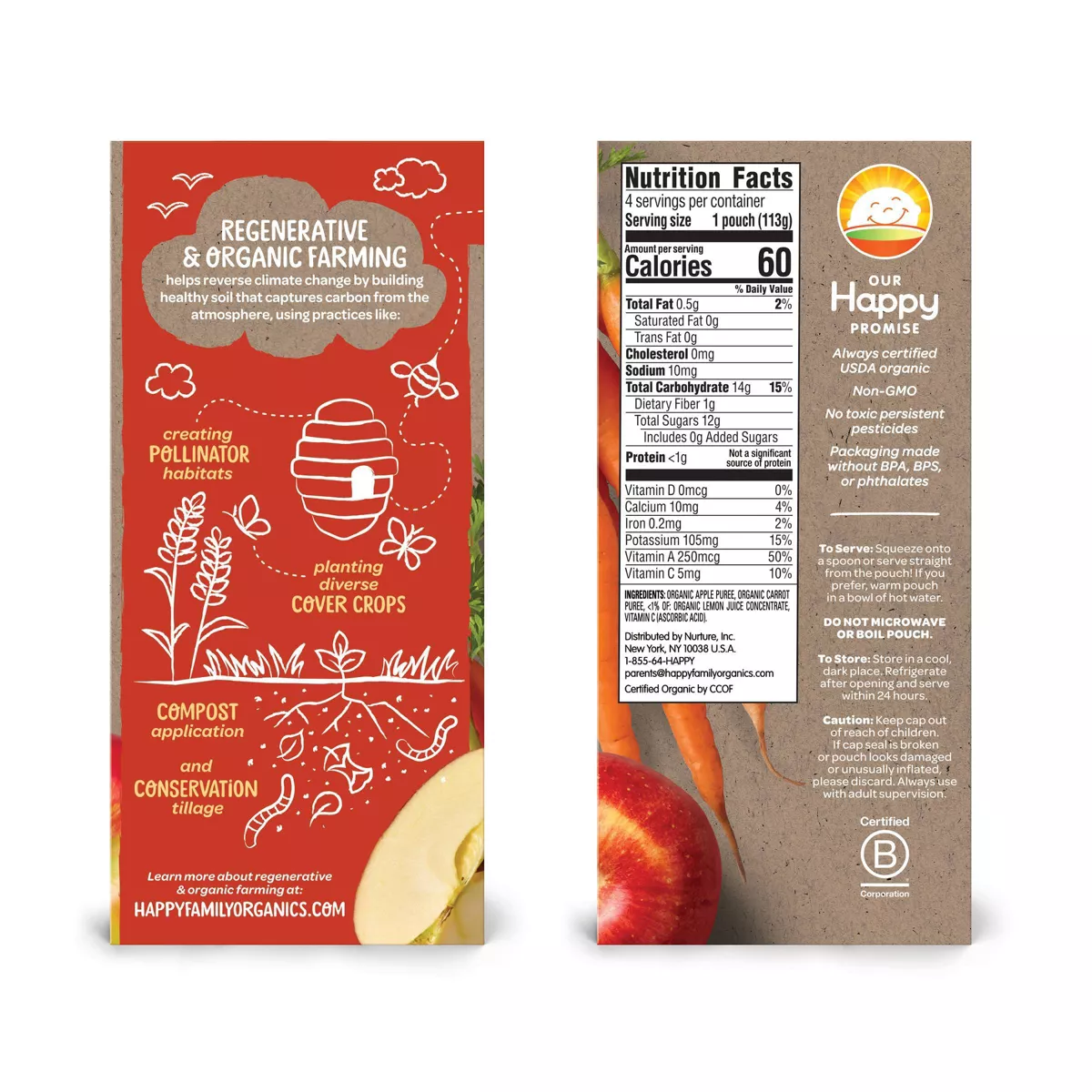 HappyBaby Farmed for Our Future 4pk Regenerative & Organic Apples & Carrots Baby Food Pouch - 16oz