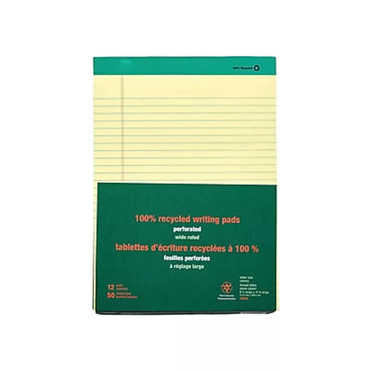 MyOfficeInnovations 100% Recy Perforated Notepads Canary 8-1/2" x 11-3/4" Wide Ruled 12/PK 815592