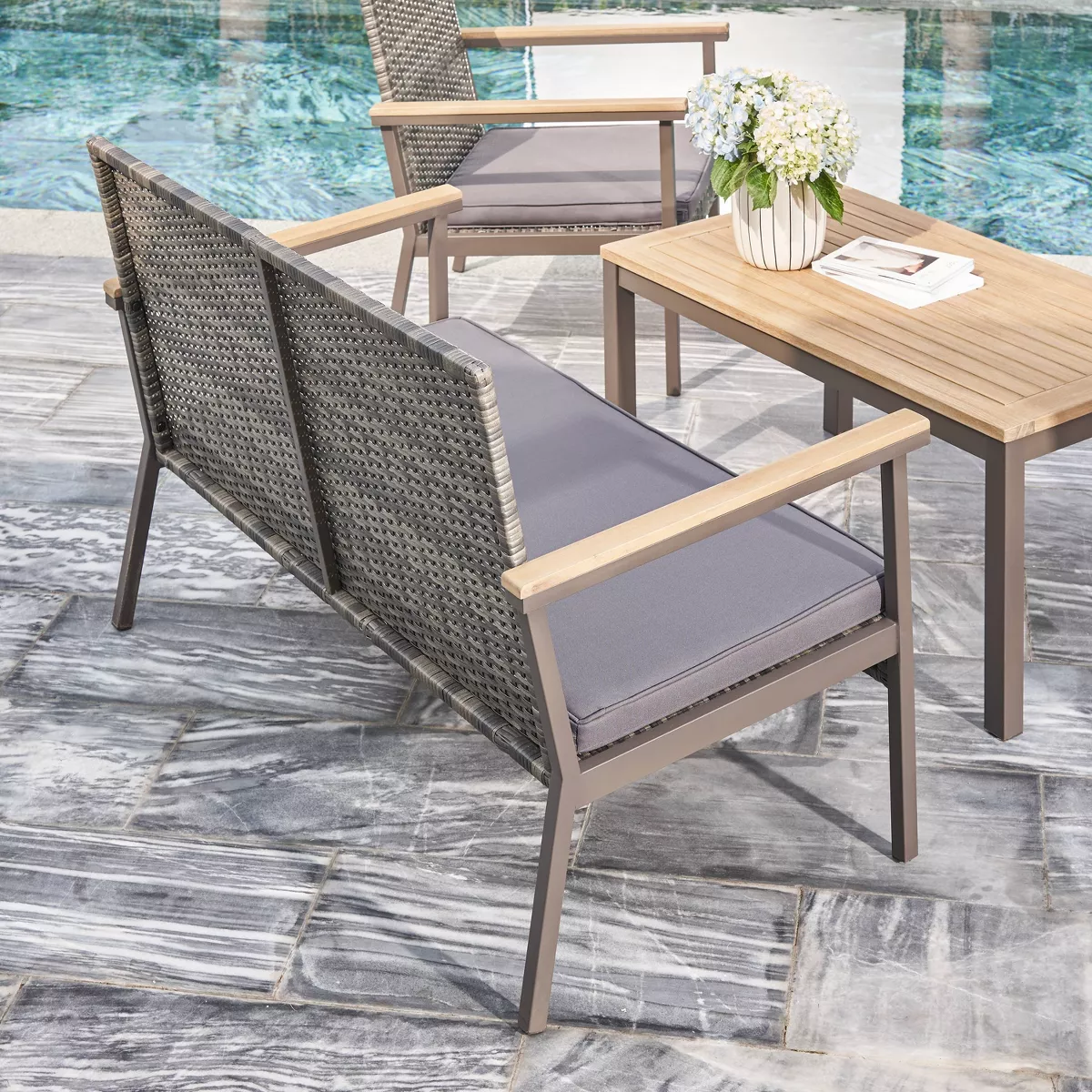 Evelyn 4pc Outdoor Resin Wicker Mixed Acacia Wood Lounge Sofa Set with Cushion - Gray - Vifah