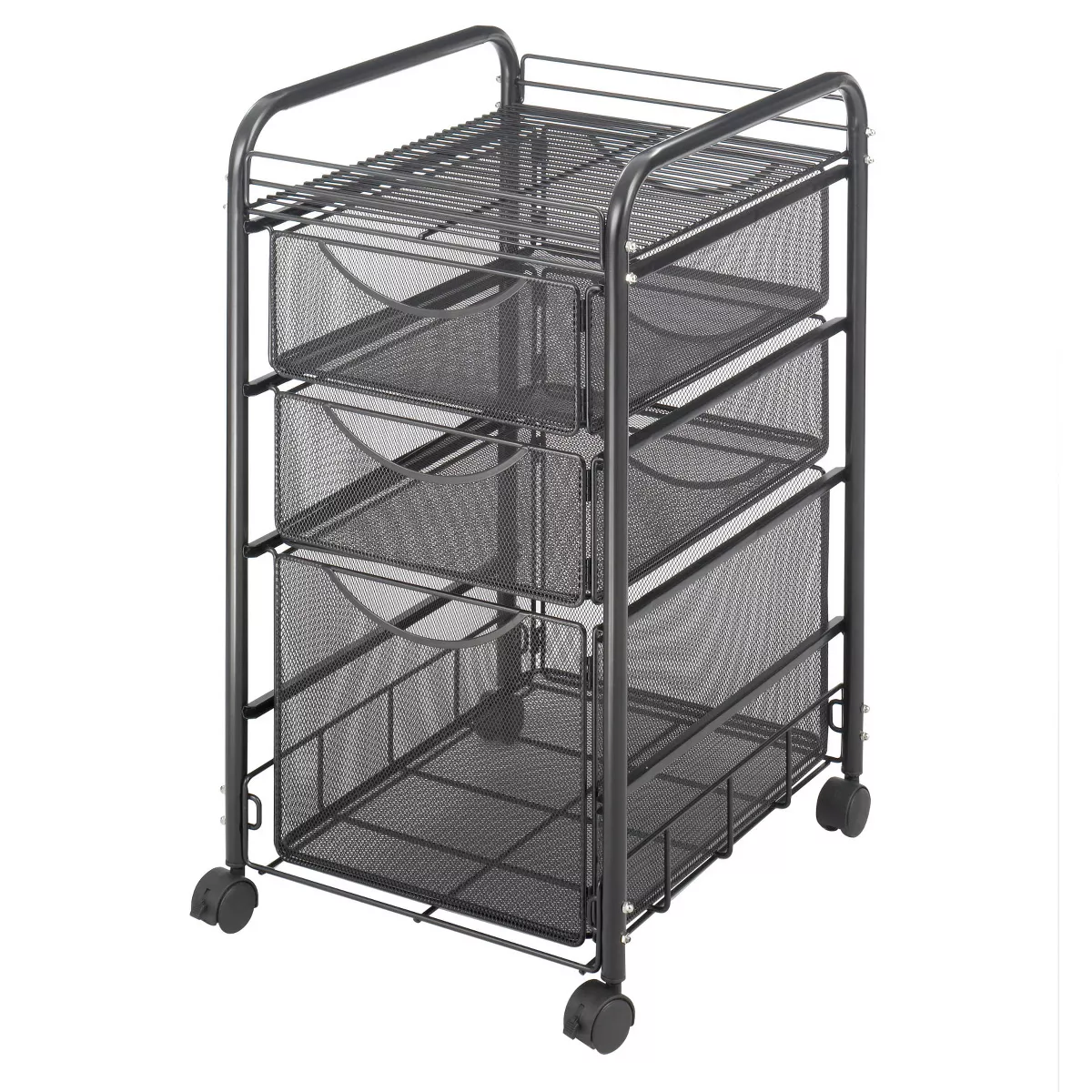 Safco Products 5213BL 3 Tier Rolling Steel Mesh File Cart Cabinet Office Organizer with 2 Small Storage Drawers and 1 Open Shelf, Onyx (2 Pack)