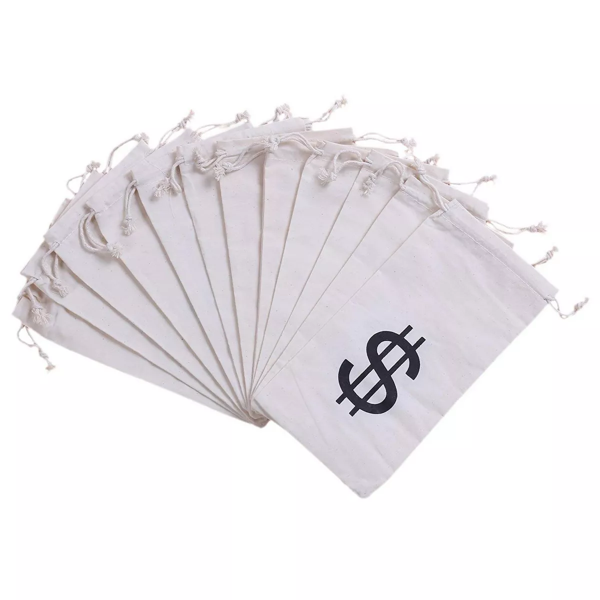 Juvale 12-Piece Money Bag Pouch with Drawstring Closure Canvas Cloth & Dollar Sign Symbol 4.7 x 9 in
