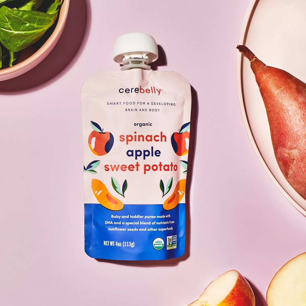 Cerebelly Clean Label Project Purity Award Winning Spinach Apple Sweet Potato Organic Baby Food Pouch - 4oz
