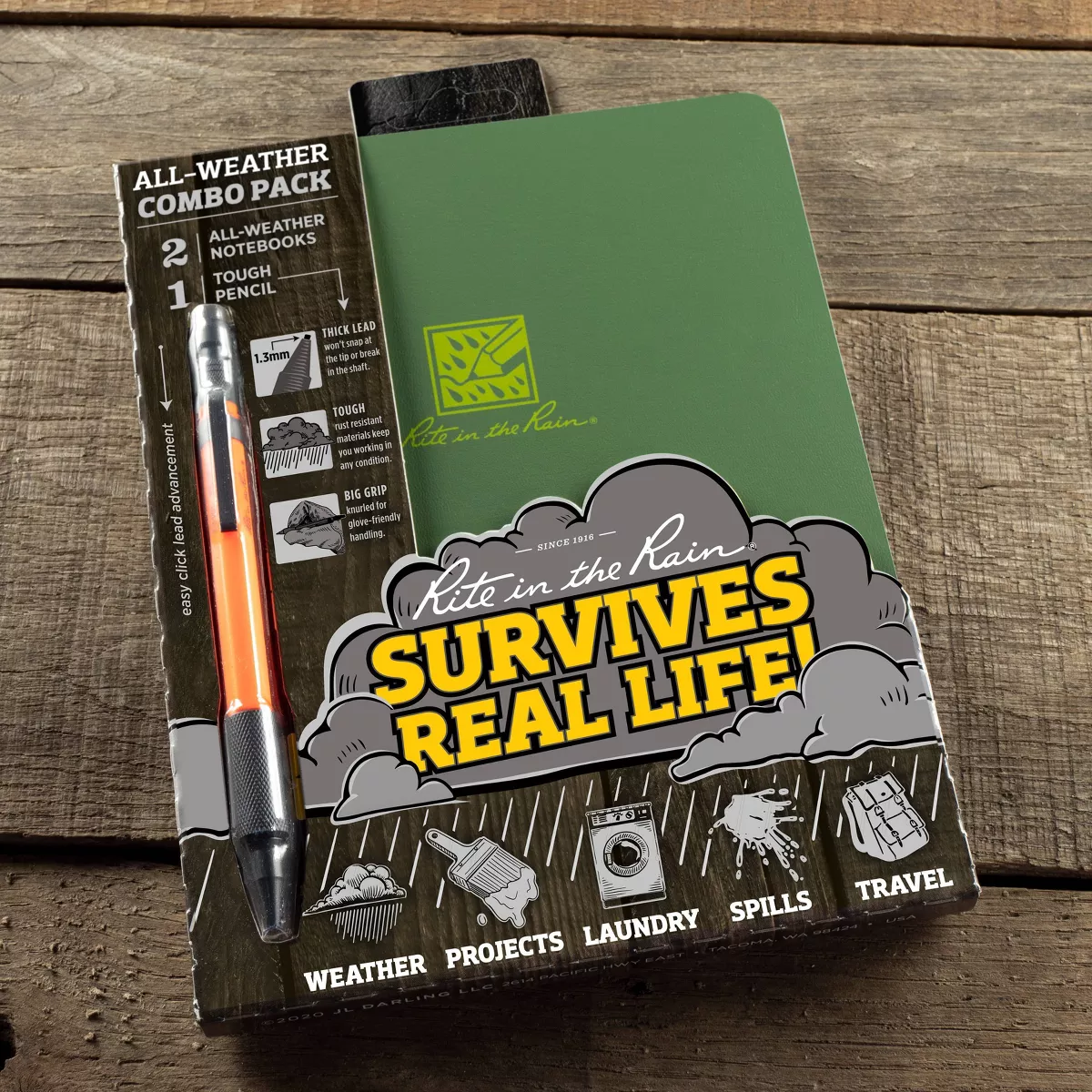 Green Stapled Notebook and Orange Mechanical Pencil Set - Rite in the Rain