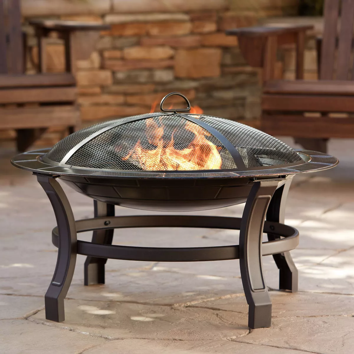 John Timberland Iron Outdoor Fire Pit Round 30" Bowl Brick Steel Wood Burning With Spark Screen and Fire Poker for Outside Backyard Patio Camping