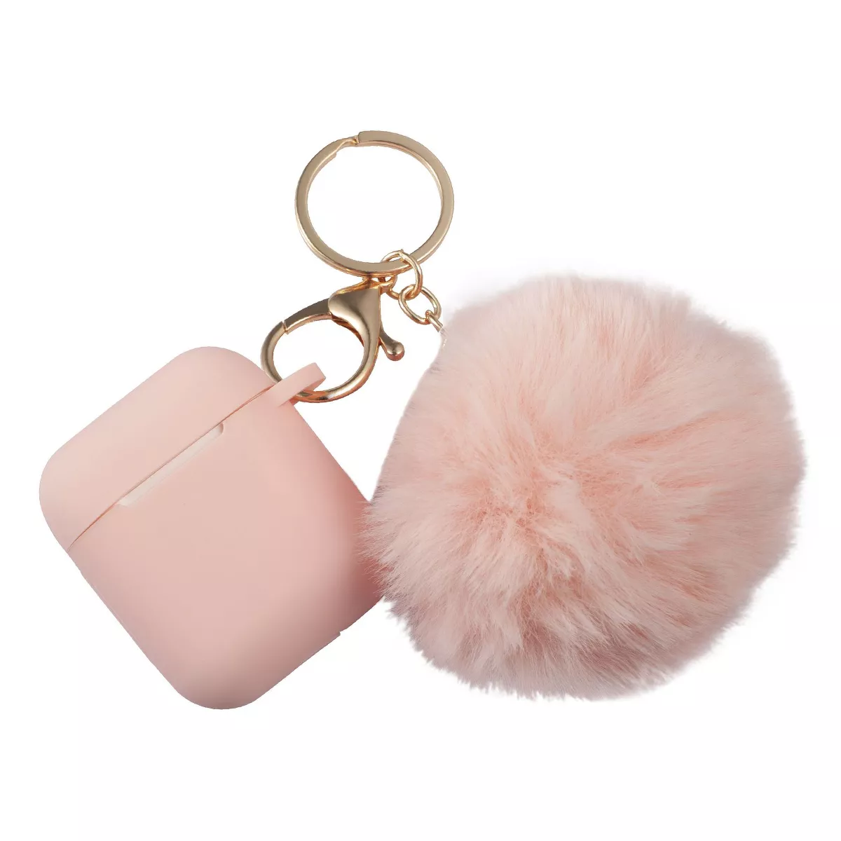 Insten Fluffy Pom Pom Case For Airpods 1 / 2, Silicone Case with Keychain & Anti-Lost Strap, Soft Touch Skin, Protective Cover, Pink