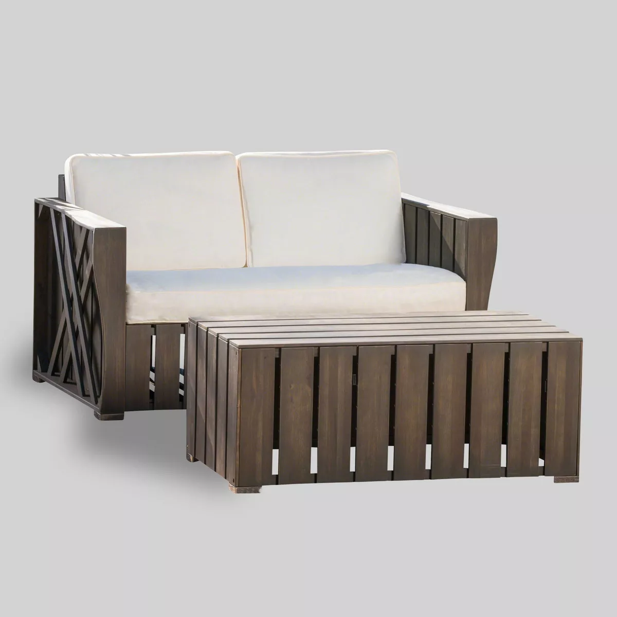 Cadence 2pc Acacia Wood Patio Loveseat & Coffee Table Set - Gray/Creme - Christopher Knight Home