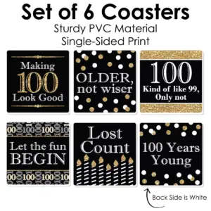 Big Dot of Happiness Adult 100th Birthday - Gold - Funny Birthday Party Decorations - Drink Coasters - Set of 6