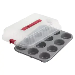 OvenStuff 12 Cup Non Stick Muffin Pan Click'N Go Lid