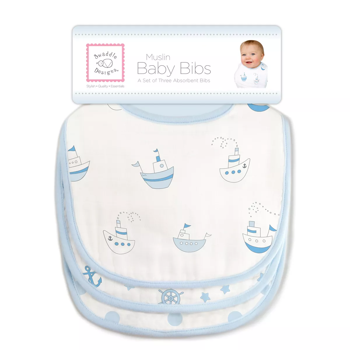 SwaddleDesigns Cotton Muslin Baby Bib Set - Ships Ahoy! - 3pk - Pastel Blue