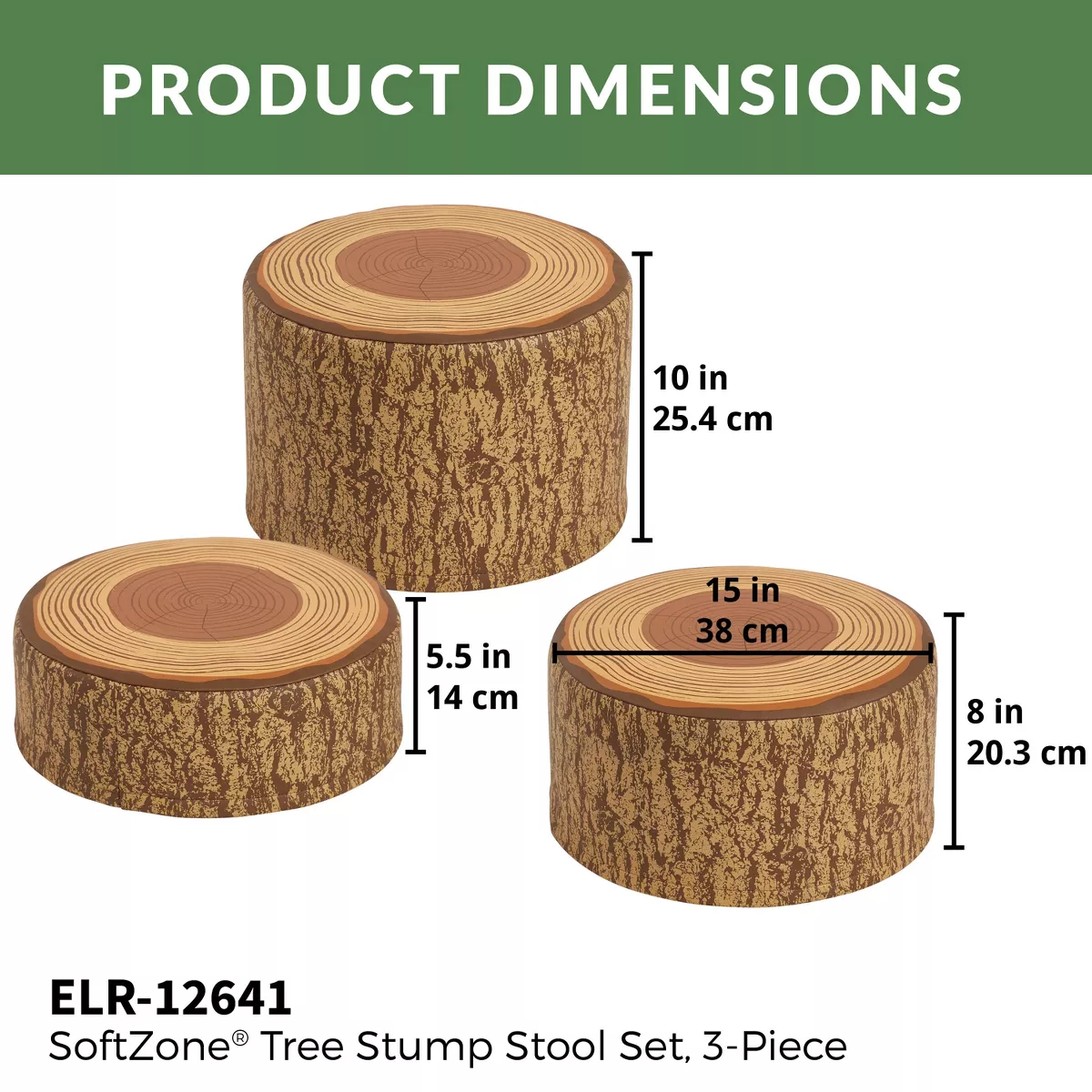 ECR4Kids SoftZone Tree Stump Stool Set-Round Foam Stools for Kids with Decorative Log Design (3-Pc)