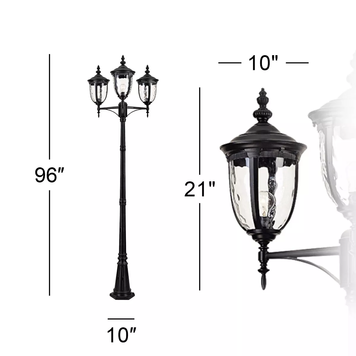 John Timberland European Outdoor Light Post Street Lantern 3 Light Texturized Black 96" Clear Hammered Glass for Exterior Yard Walkway