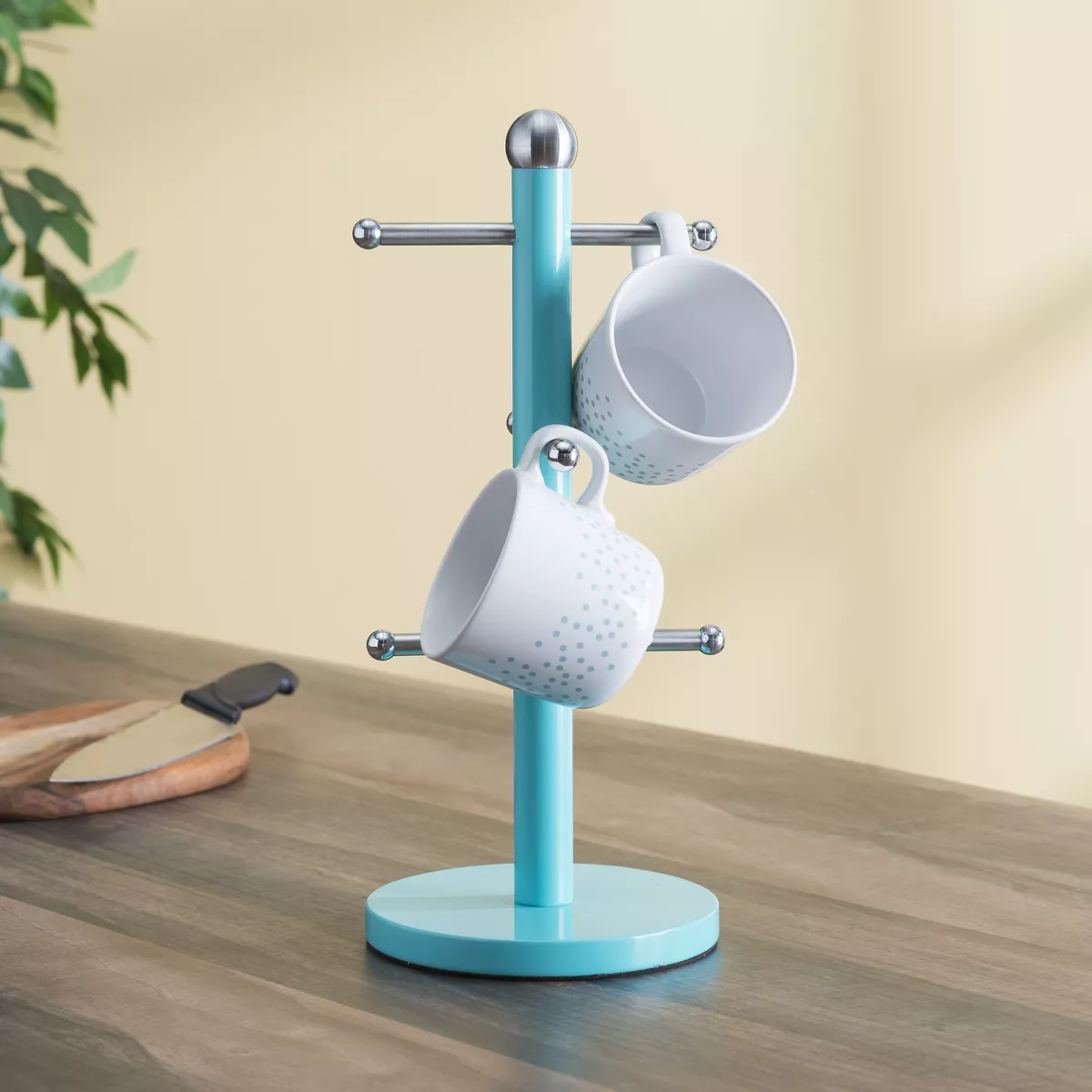 Home Basics Turquoise Collection 6 Cup Steel Mug Tree Holder Stand with Rounded Silver Ends