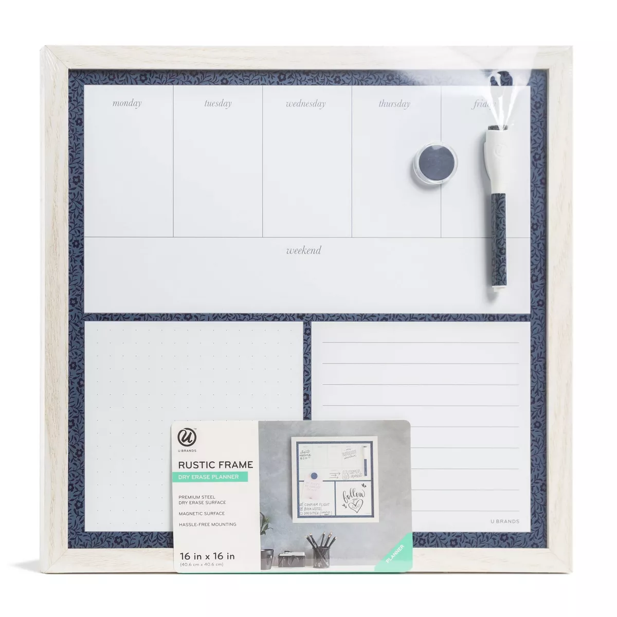 U Brands 16"x16" Magnetic Dry Erase Planner Board Rustic White Frame