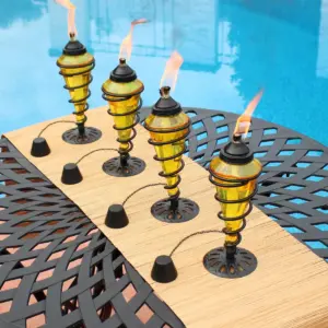 Sunnydaze Outdoor Tabletop Glass and Metal Swirl Patio Table and Lawn Citronella Torch Set - Yellow - 8pk