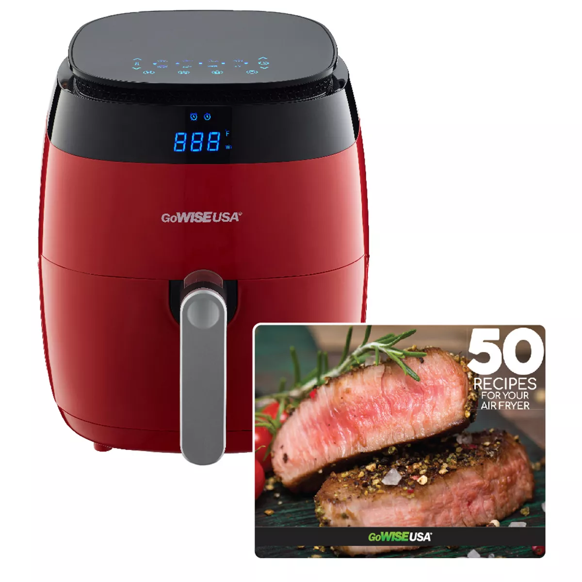 GoWISE USA GW22826-S 1500 Watt 5 Quart Digital Touchscreen Countertop Air Fryer with 8 Preset, Red