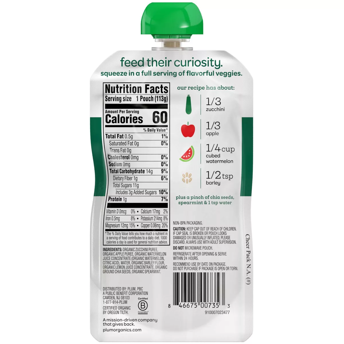 Plum Organics Mighty Veggie Zucchini Apple Watermelon & Barley Baby Food Pouch - 4oz
