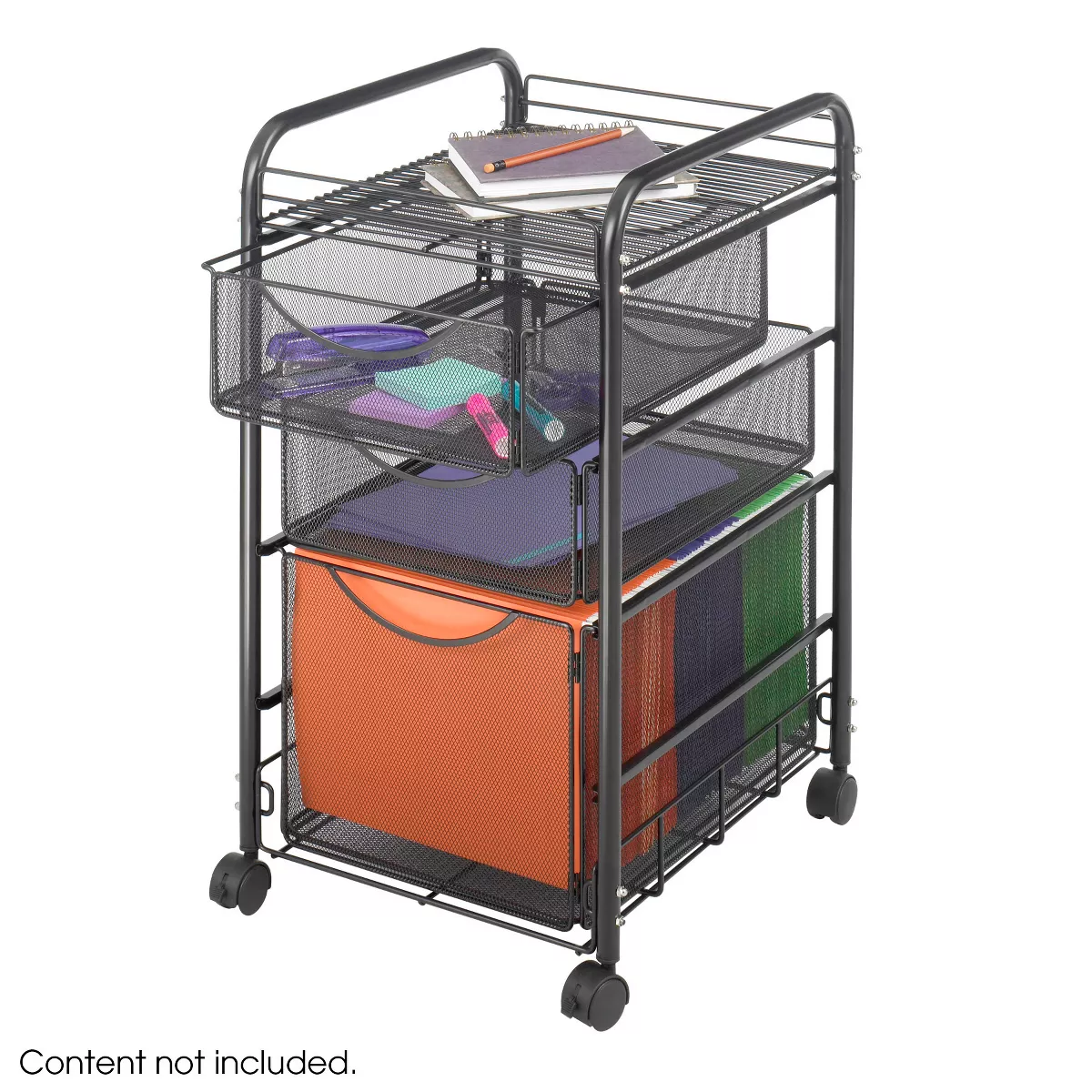 Safco Products 5213BL 3 Tier Rolling Steel Mesh File Cart Cabinet Office Organizer with 2 Small Storage Drawers and 1 Open Shelf, Onyx (2 Pack)