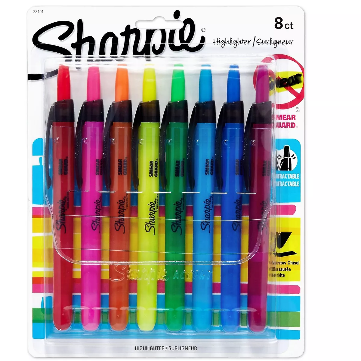 Sharpie Accent Retractable Highlighters Chisel Tip Assorted Colors 8/Set 28101