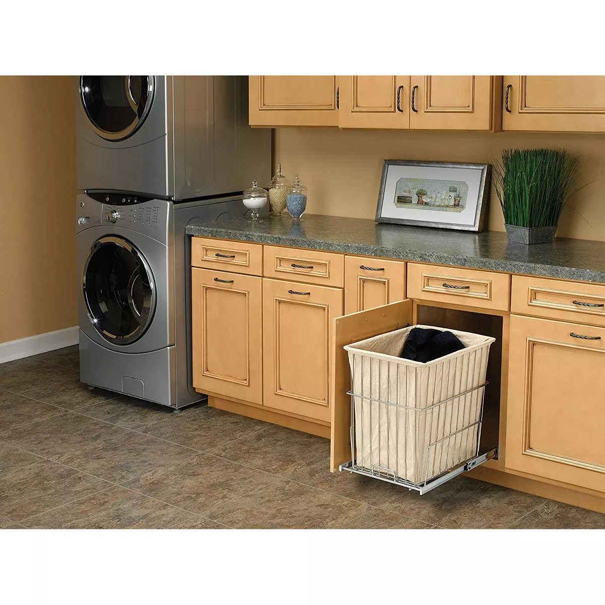 Rev-A-Shelf HRV-1520 S CR Cabinet Floor Mounted Pullout Wire Clothes Laundry Hamper Basket with Liner and Full Extension Slides, Chrome