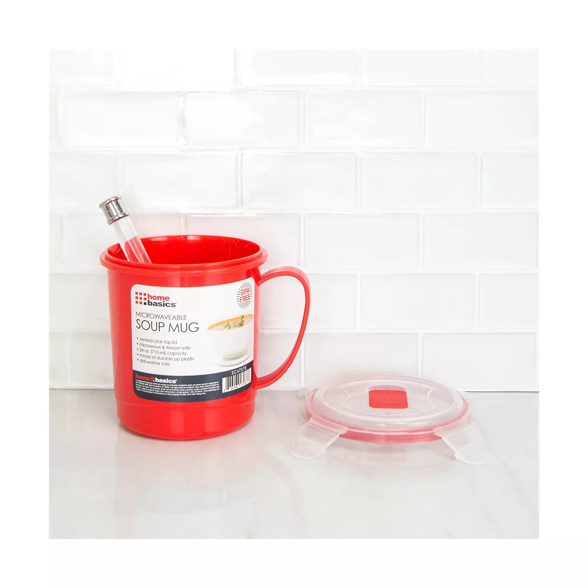 Home Basics 24 oz. Plastic Microwaveable Soup Mug, Red/Clear
