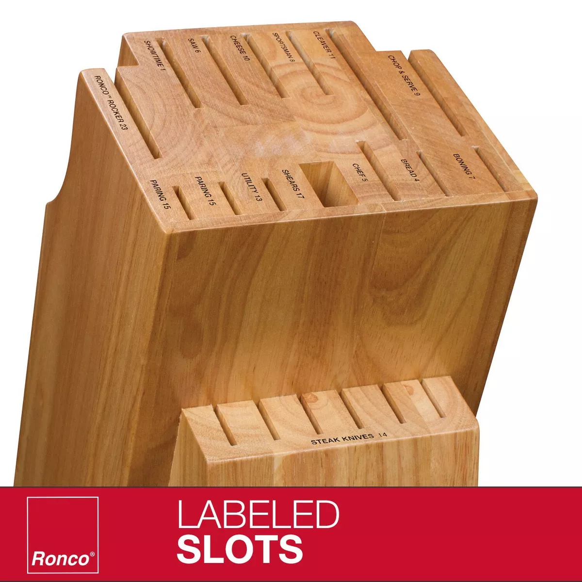 Ronco 20 Slot Knife Block, Honey Oak Hardwood with Labeled Slots