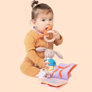 Manhattan Toy Petit Artiste Bunny Doll, Soft Book, and Wooden Teether Baby Soothing Gift Set
