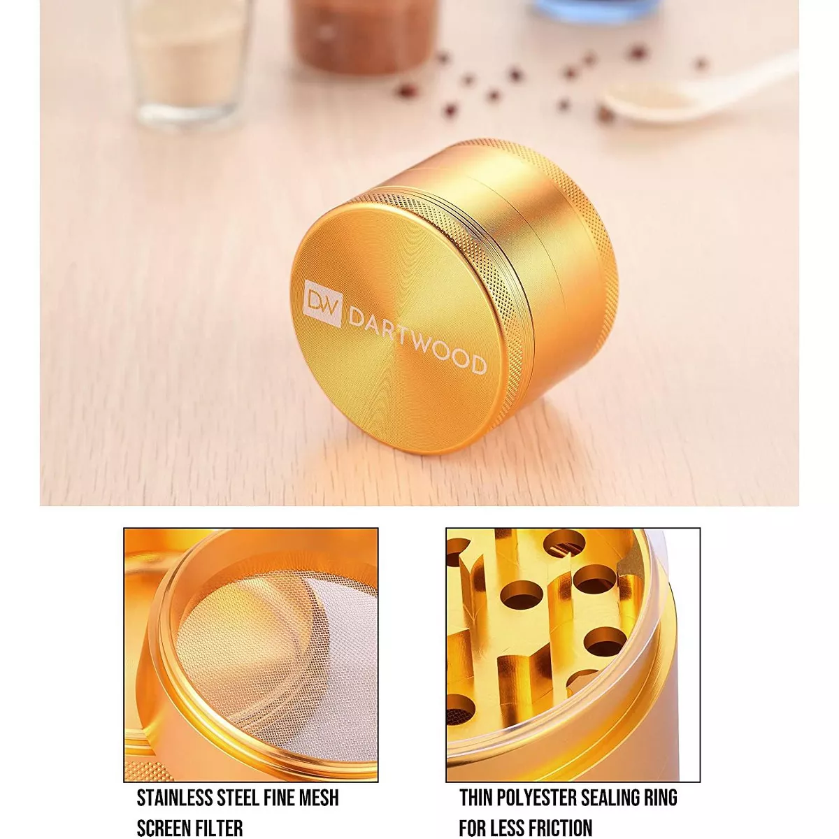 Dartwood 2.5” Aluminum Alloy Spice Herb Grinder with Pollen Scraper and Magnetic Lid