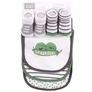 Hudson Baby Infant Cotton Bib and Sock Set 5pk, Peas, One Size