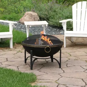 Sunnydaze Outdoor Camping or Backyard Steel Contemporary Fire Pit Bowl with Handles and Spark Screen - 26