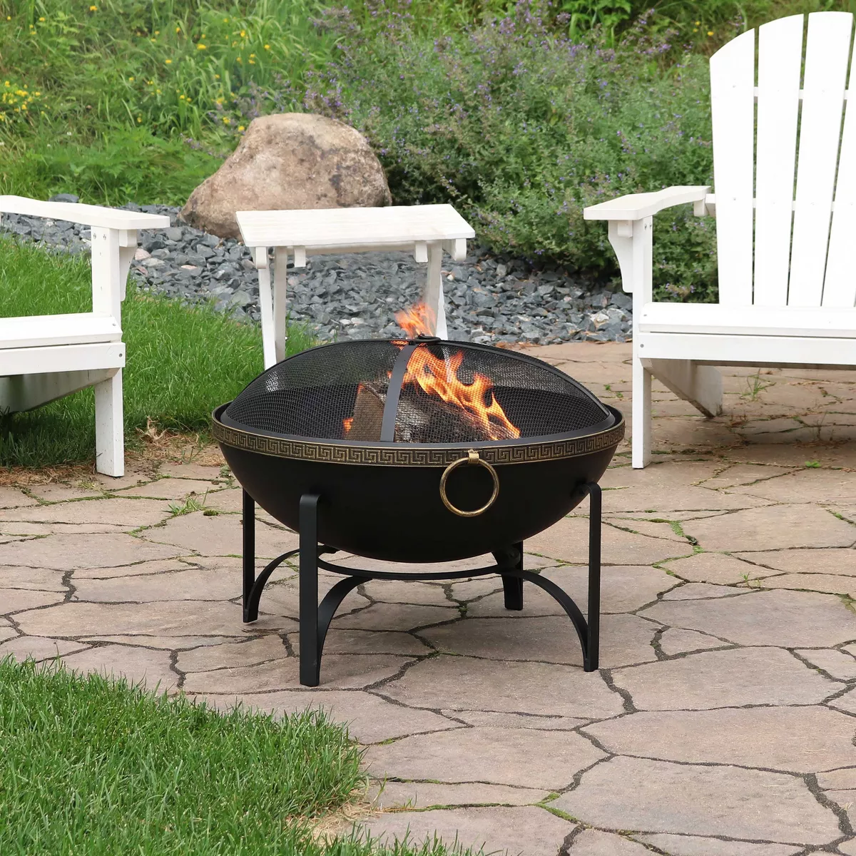 Sunnydaze Outdoor Camping or Backyard Steel Contemporary Fire Pit Bowl with Handles and Spark Screen - 26" - Black
