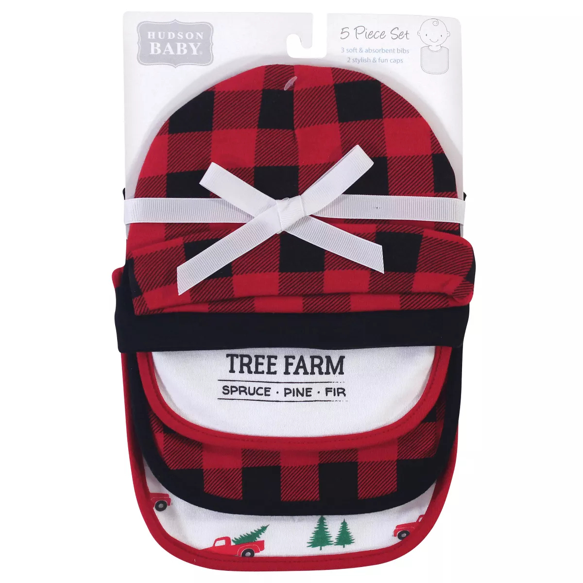 Hudson Baby Infant Boy Cotton Bib and Caps Set 5pk, Christmas Tree Farm, One Size