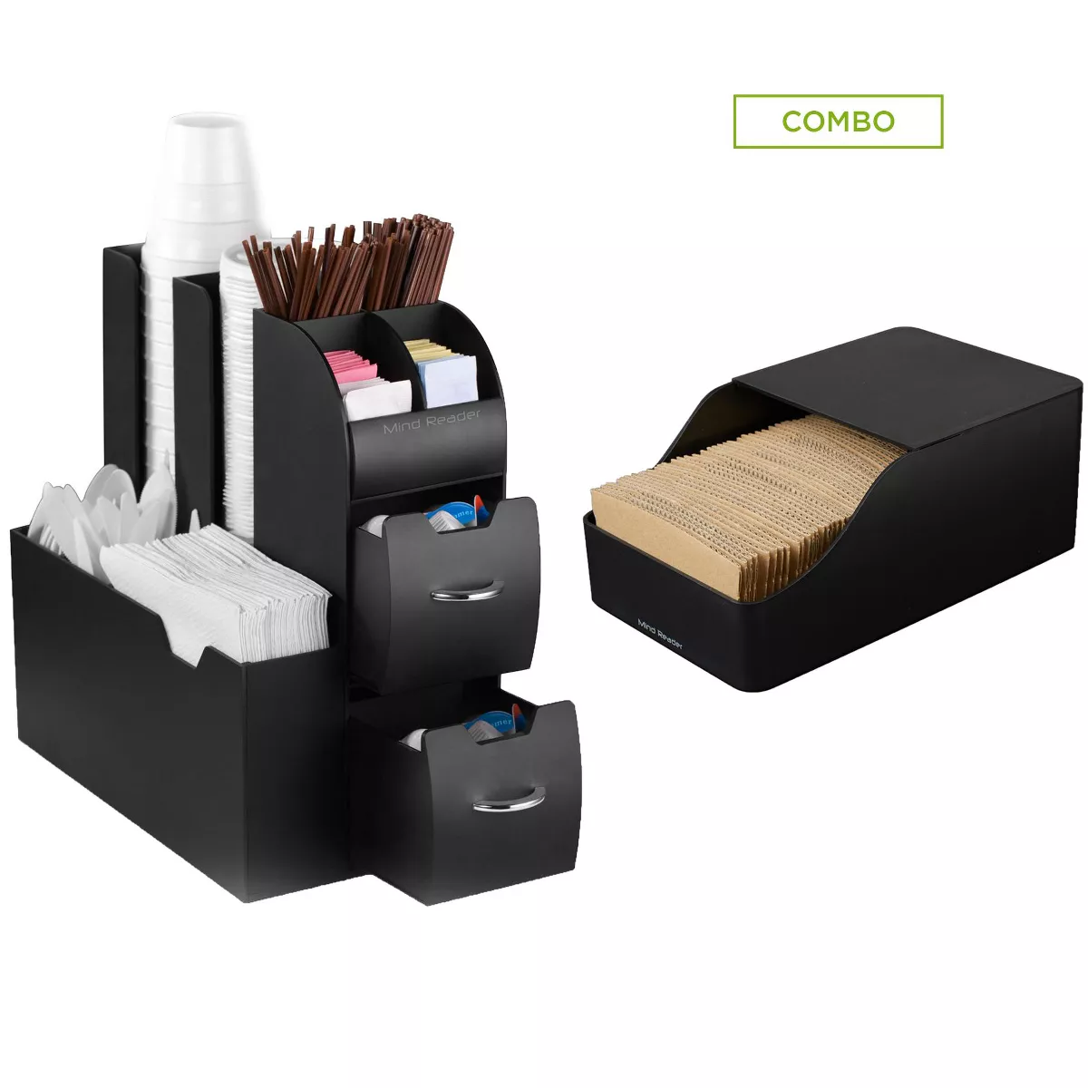 MIND READER 2-Piece Combo Kit for Coffee Stations - Condiments Organizer for Coffee Pod Capsules Machines (BLACK)