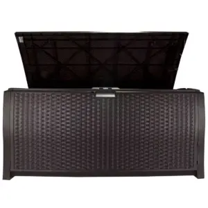 Suncast DBW9200 99 Gallon Outdoor Wicker Resin Patio Storage Chest Bin with Handles for Patio, Garden, Garage, or Pool for All Weather, Mocha