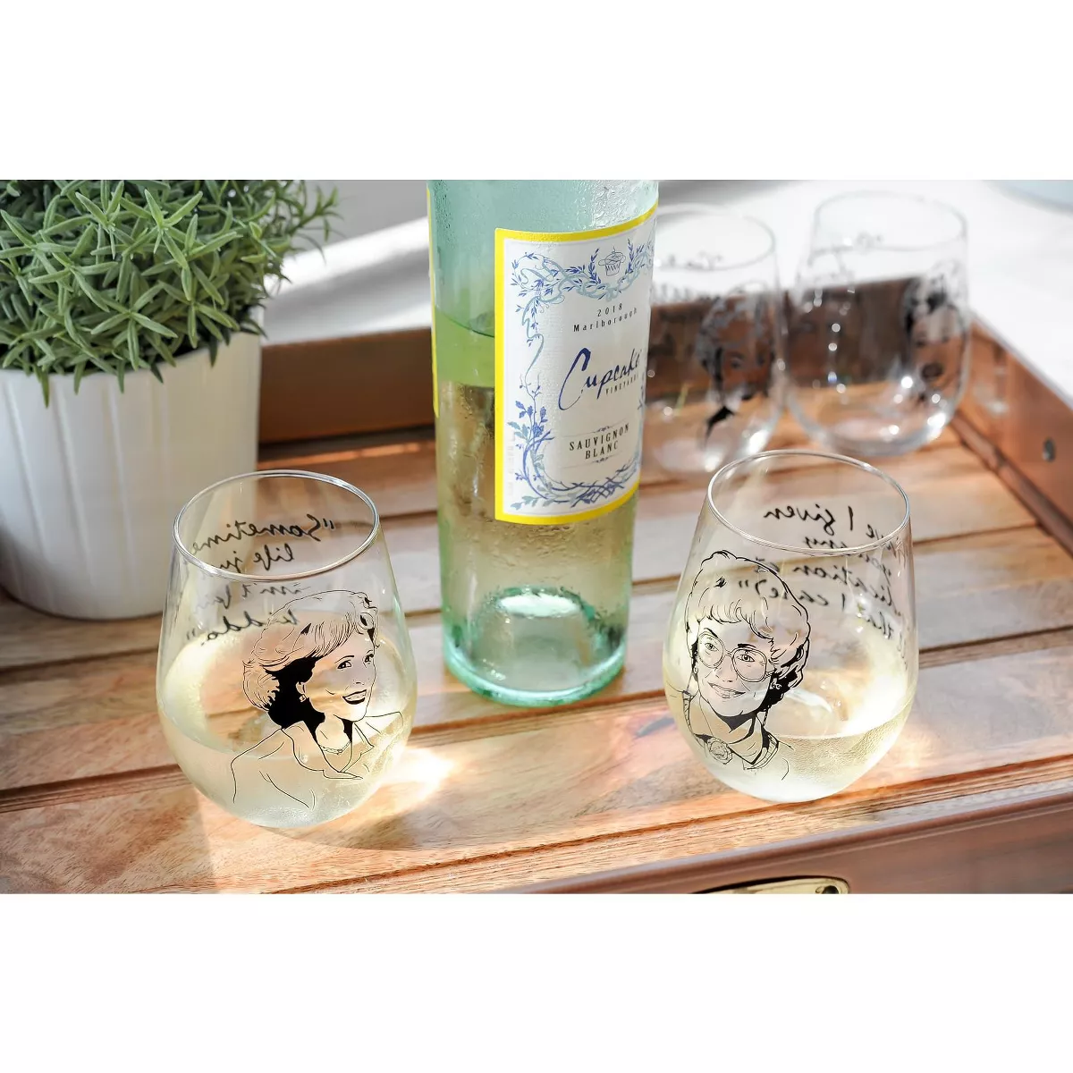 Just Funky The Golden Girls Stemless Wine Glass Collectible Set of 4| Each Holds 16 Ounces