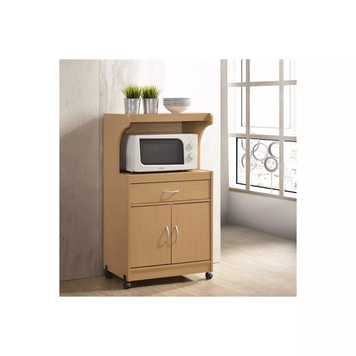 Microwave Kitchen Cart in Beech Brown - Hodedah