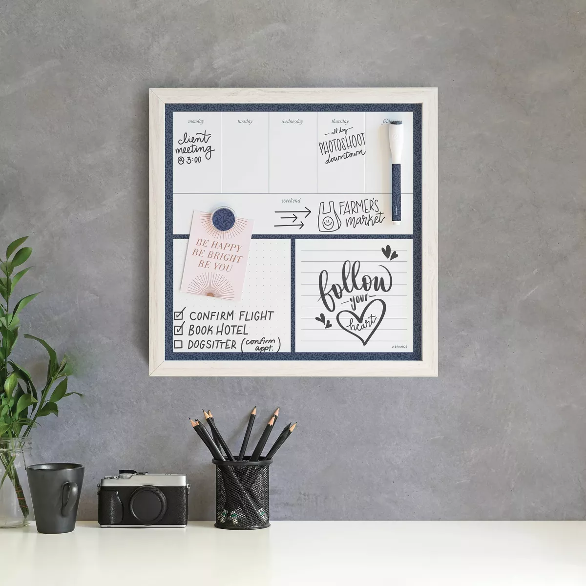 U Brands 16"x16" Magnetic Dry Erase Planner Board Rustic White Frame