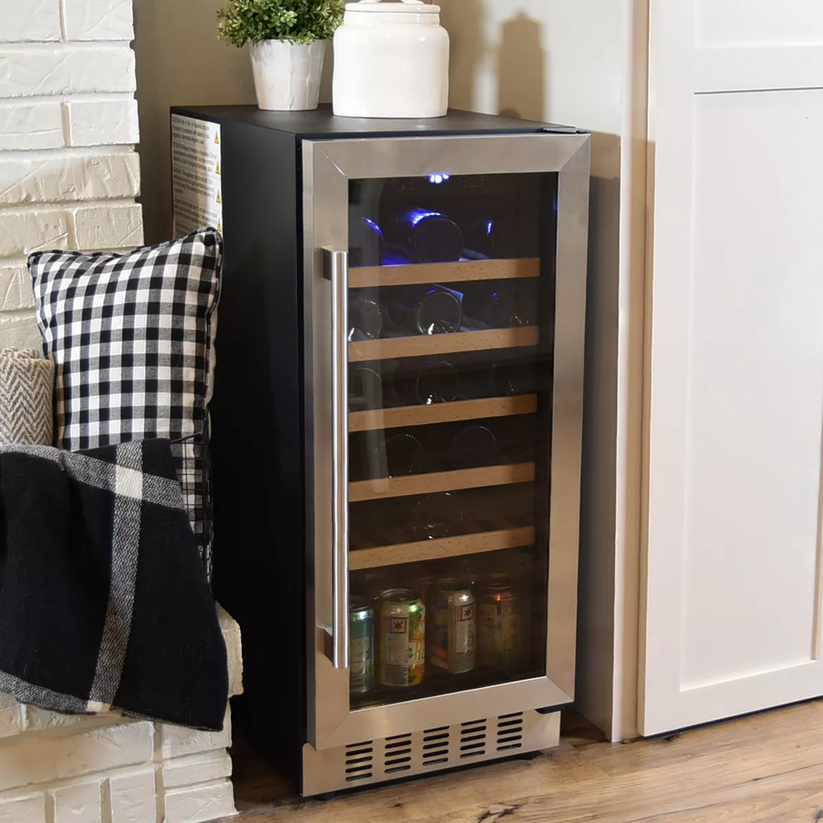 Sunnydaze Indoor Stainless Steel Beverage and Wine Single Zone Refrigerator with Sliding Shelves and Touchpad Temperature Control - 33 Bottle Capacity