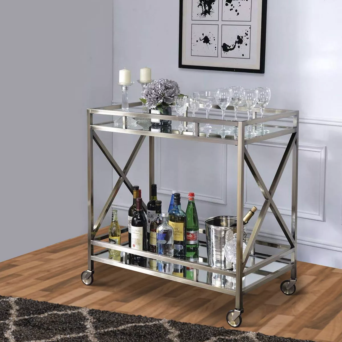 Open Metal Frame 2 Tier Mirrored Serving Cart Gold/Silver - Benzara