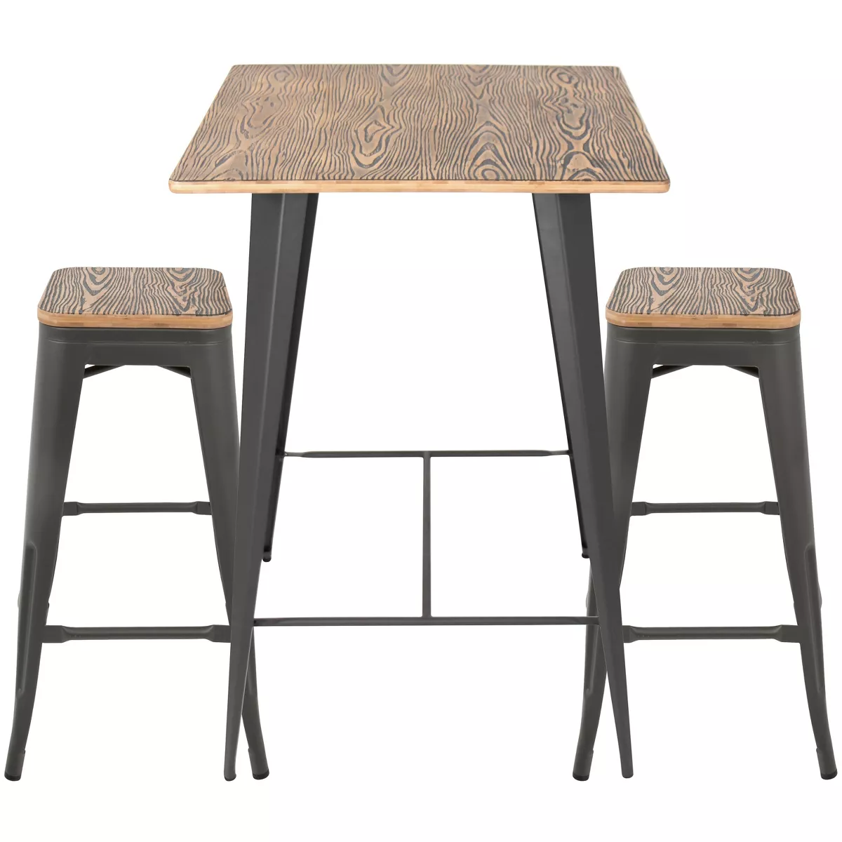 3pc Oregon Industrial Pub Set Matte Gray Metal Dining Sets Medium Brown Wood Top - LumiSource