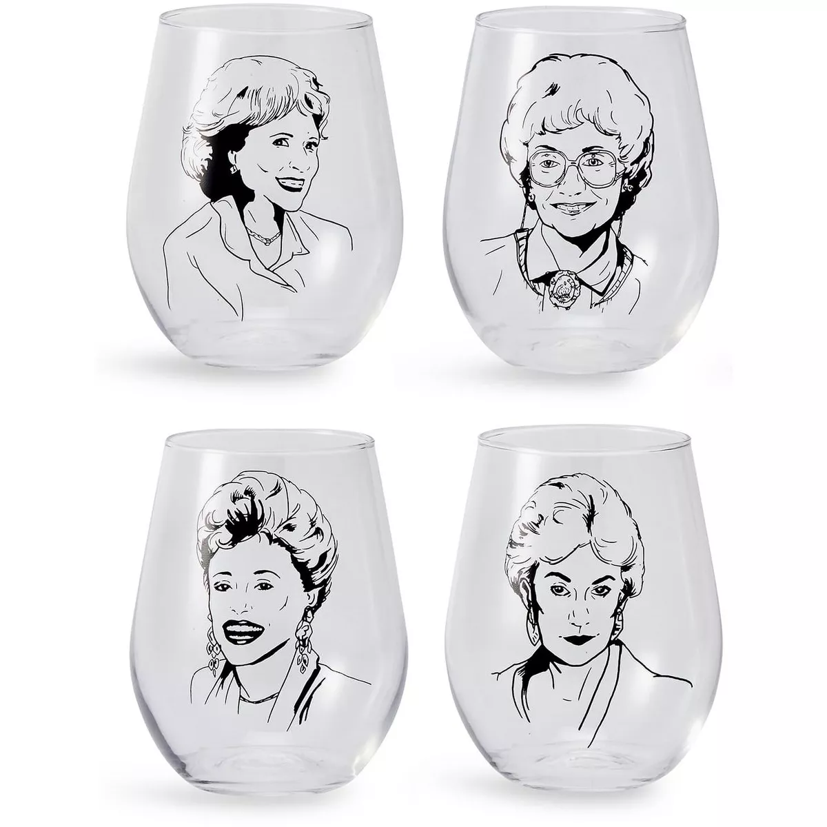 Just Funky The Golden Girls Stemless Wine Glass Collectible Set of 4| Each Holds 16 Ounces