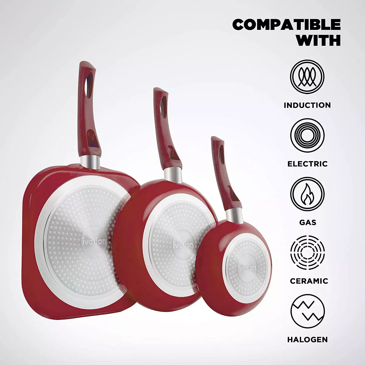 Ivation Ceramic Cookware | 16-Piece Nonstick Cookware Set with Induction Base, SoftGrip Handles & Clear Glass Lids | Compatible with Induction, Ceramic, Gas, Electric & Halogen Cooktops | Red