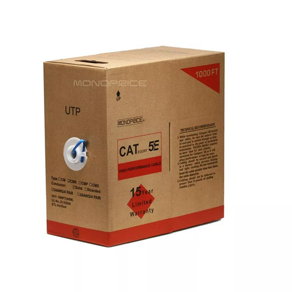 Monoprice Cat5e Ethernet Bulk Cable - Network Internet Cord - Solid, 350Mhz, UTP, CMR, Riser Rated, Pure Bare Copper Wire, 24AWG, 1000ft, Blue