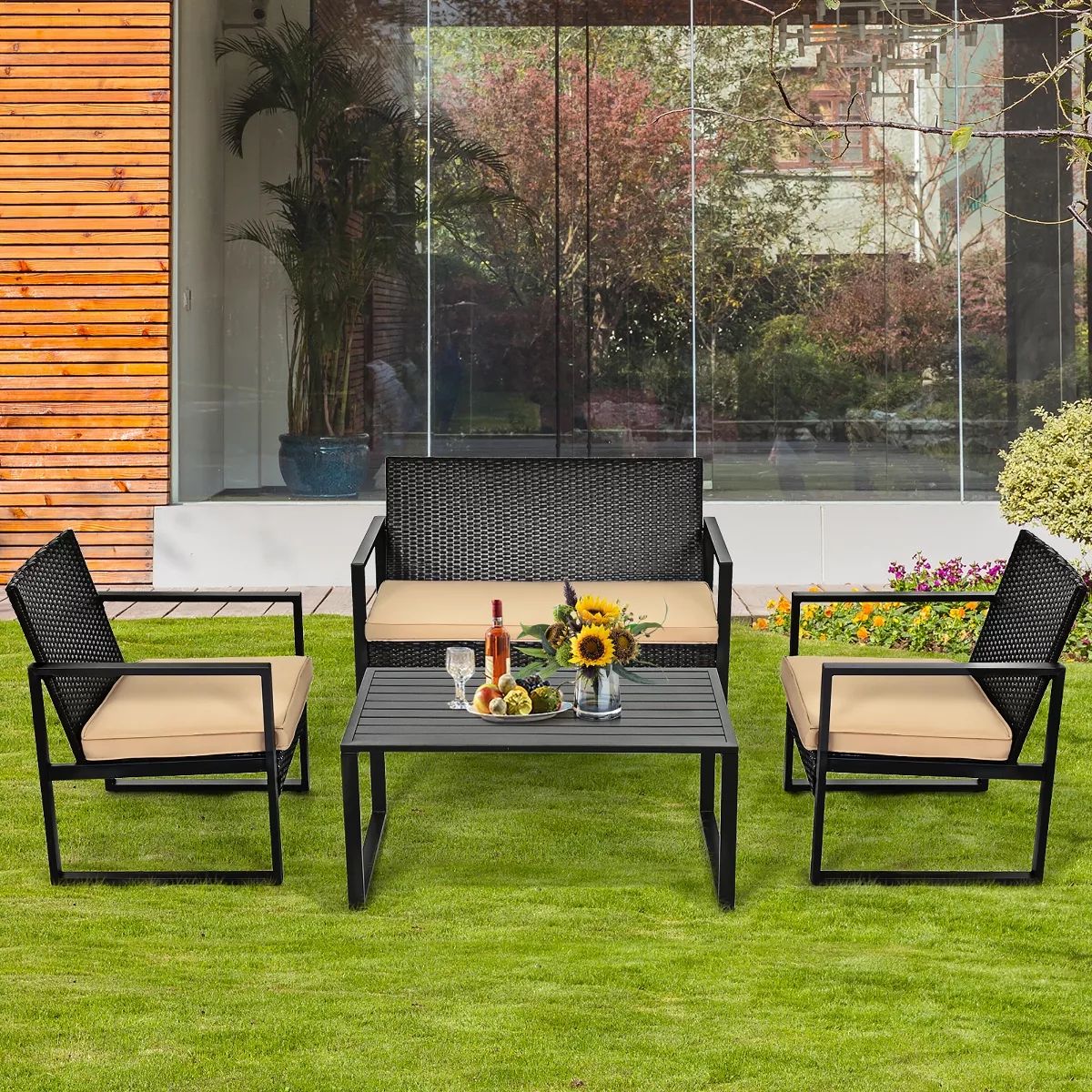 Costway 4PCS Patio Rattan Furniture Set Cushioned Sofa Coffee Table Garden Deck Brown