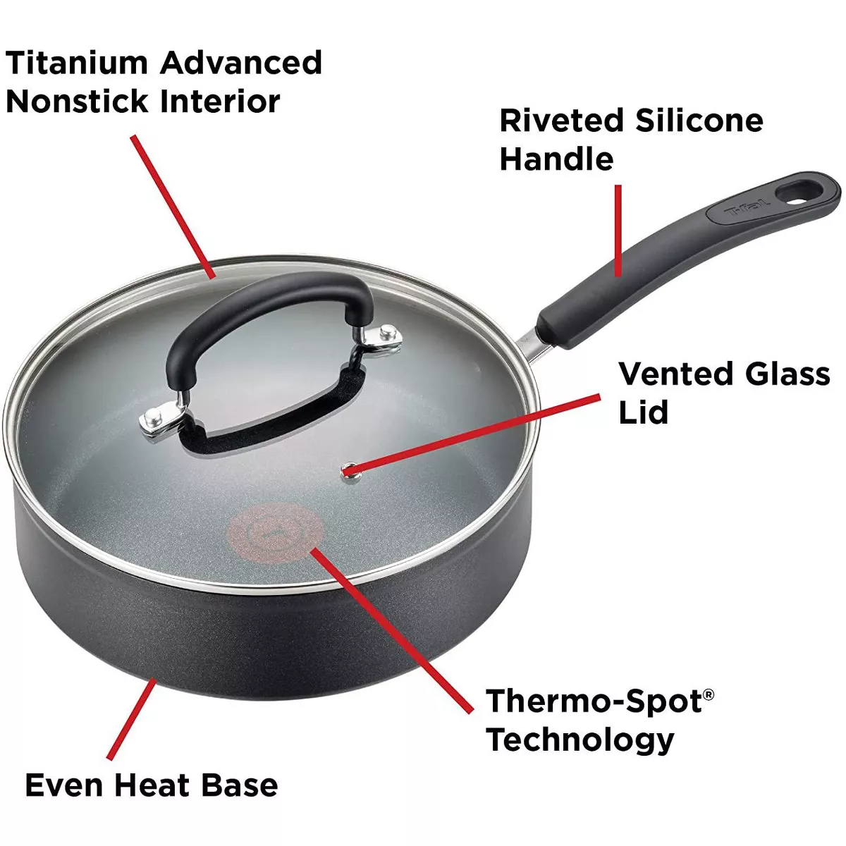 T-fal C561SC Titanium Advanced Nonstick Thermo-Spot Heat Indicator Dishwasher Safe Cookware Set, 12-Piece, Black